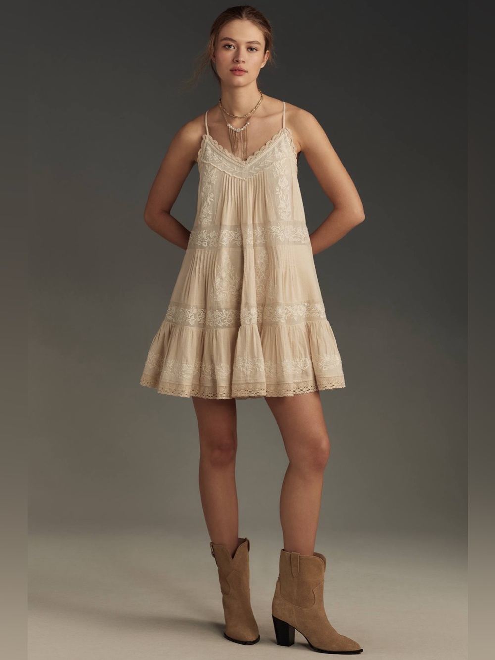 Anthropologie Women’s Embroidered Pintuck Mini Dress Size Large Cream